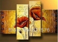 hand-painted hi-q wall art home decorative abstract flower oil painting on canvas red corn poppy on brown with texture 4pcs/set