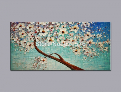 hand-painted modern home decor abstract wall art picture thick palette blue white cherry blossom tree oil painting on canvas art