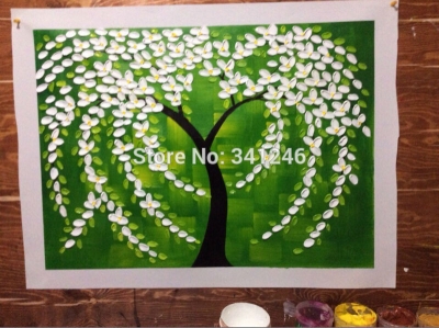 hand-painted modern home decor wall art picture white leaves green tree thick palette knife oil painting on canvas living room