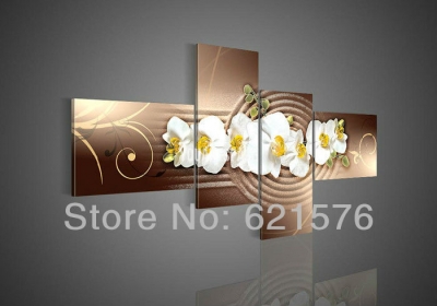 hand-painted modern wall art picture coffee brown home decor abstract white daffodil ripple flower oil painting on canvas 4p/set