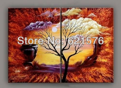 hand-painted modern wall art picture home decor colorful clouds moon tree in the valley oil painting on canvas 2pcs/set framed