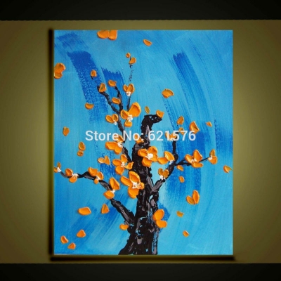 hand painted modern wall art yellow flower tree blue picture home decor abstract thick palette knife oil painting on canvas