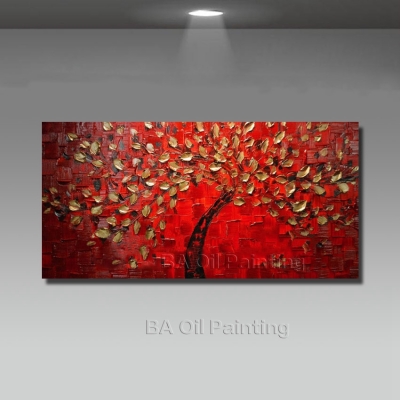 1 panel canvas art hand painted abstract red golden tree oil painting decorativos wall pictures for living room unframed hf0013