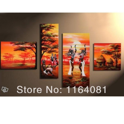 hand made promotion summer of african dance high q. abstract landscape wall decor oil painting on canvas 4pcs/set