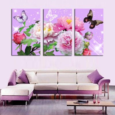 3 panels colorful flower with butterfly hd picture canvas modern artwork wall decorative print painting on canvas without frame