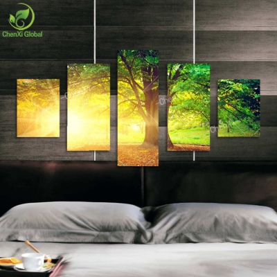 5 panel modern printed sun tree painting picture cuadros decoracion canvas landscape painting for living room no framed wedding