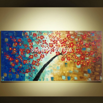 big hand-painted modern wall art picture home decor abstract blue red cherry tree thick palette knife oil painting on canvas art