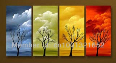 hand-painted hi-q modern decorative landscape oil painting on canvas colorful auspicious clouds tree2 4pcs/set framed