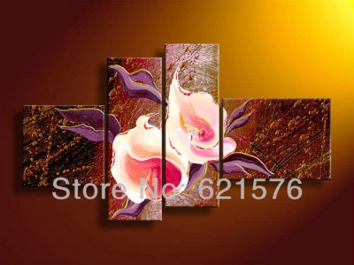 hand-painted hi-q wall art home decorative flower oil painting on canvas blooming bright pink calla lily golden texture 4pc/set