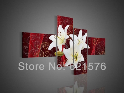 hand-painted hi-q wall art home decorative realistic flower oil painting on canvas white lily flower texture on red 4pcs/set