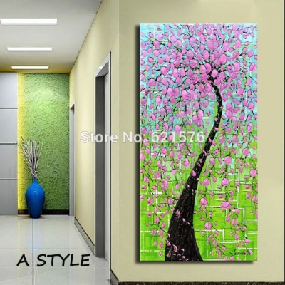 hand-painted living room home decoration green pink flower tree wall art picture abstract thick palette knife painting on canvas