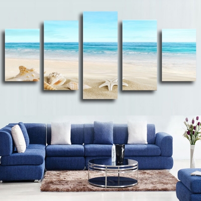 top-rated large hd canvas print for living room, s711 starfish shell & blue sea, 5 panel wall art picture/po painting artwork