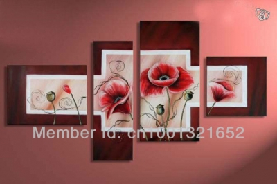 whole 2013 hand-painted hi-q modern wall art home decorative flower oil painting on canvas pink corn poppy 4pcs/set framed