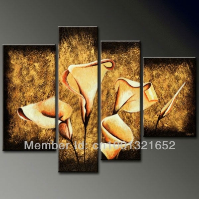 whole hand-painted hi-q modern decorative flower oil painting on canvas brown budding common callalily 4pcs/set framed