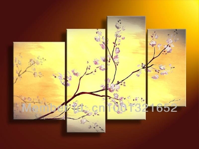 whole hand-painted hi-q modern home decorative flower oil painting on canvas a plum flower on yellow light 4pcs/set framed