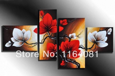 hand made promotion bloom sky red flowers high q. abstract landscape wall decor oil painting on canvas 4pcs/set