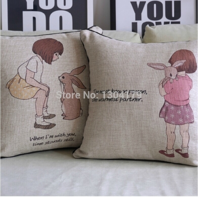 2pcs rabbit and girl printed oil painting style 45*45cm creative cotton linen sofa cushion covers europe vintage pillow cover