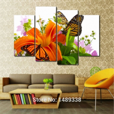 4 panels sell lily and butterfly home wall decoration modern oil painting on canvas with framed f/868