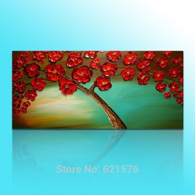 hand-painted big size wall art picture wedding home decor red rose flower tree on green thick color knife oil painting on canvas