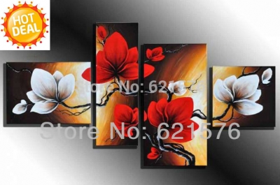 hand-painted hi-q hanging wall art home decor abstract flower oil painting on canvas red and white bombax ceiba 4pcs/set framed