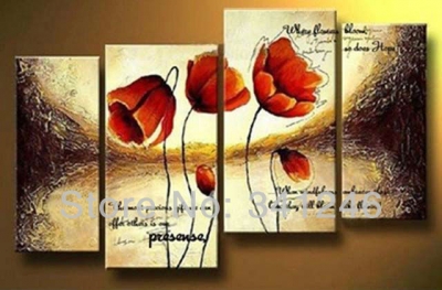 hand-painted hi-q modern wall art home decorative abstract flower oil painting on canvas blooming red corn poppy4pcs/set framed