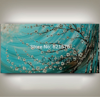 hand-painted modern wall art picture home decor abstract blue white flower birch tree palette knife oil painting on canvas art