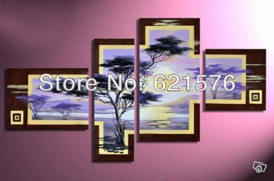 hand painted wall art picture living room home decor abstract purple landscape tree sun oil painting on canvas 4pcs/set framed