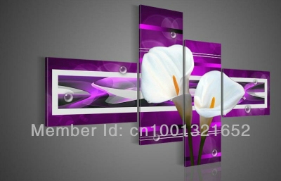 whole hand-painted hi-q home decorative flower oil painting on canvas white common callalilyon bright purple 4pcs/set framed