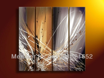 whole hand-painted hi-q modern wall art home decor abstract oil painting on canvas white and brown fly line 4pcs/set framed