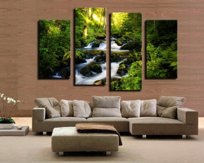 4 panel big waterfall with green tree landscape large hd picture modern home wall decor canvas print painting for house decorate