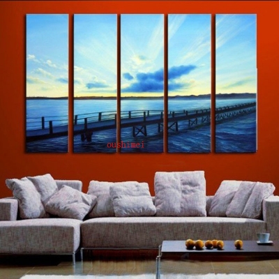 5 panel wall art modern group picture landscape for home decoration on canvas paint handmade painting seascape bridge view sky