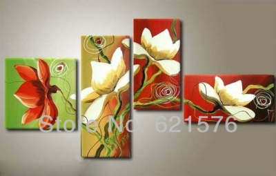 hand-painted hi-q modern hanging wall art home decorative flower oil painting on canvas white red bombax ceiba 4pcs/set framed