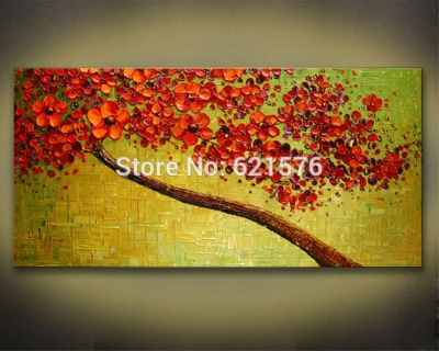 hand-painted modern home decor abstract green red cherry blossom trees wall art picture thick palette oil painting on canvas art