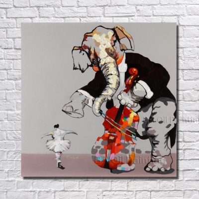 hand-painted the elephant cello and girl dance oil painting on canvas for kitchen decoration np010