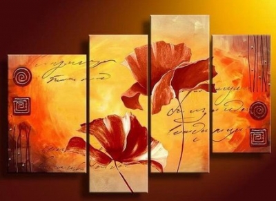 hand-painted wall art red flower home decoration landscape oil painting on canvas 4pcs/set ke-01