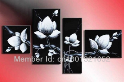 whole hand-painted hi-q modern home decorative flower oil painting on canvas white bombax ceiba on black 4pcs/set framed