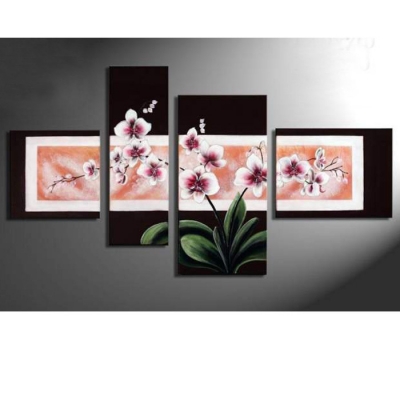 2013 hand-painted wall art pink flowers bloom in spring home painting by number landscape oil painting on canvas 4pcs/set