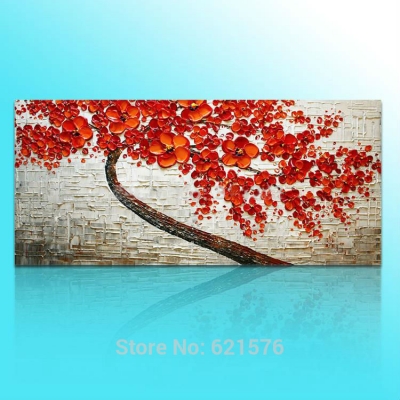 hand-painted big size wall art picture for wedding home decor big red flower tree thick palette knife oil painting on canvas