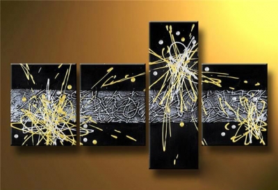 hand-painted hi-q abstract modern home decorative oil-paintings on canvas--yellow and white interlaced line 4pcs/set framed