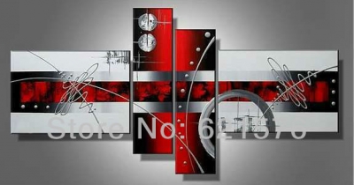 hand-painted hi-q modern wall art home decorative abstract oil painting on canvas scrawl line round on red white 4pcs/set framed