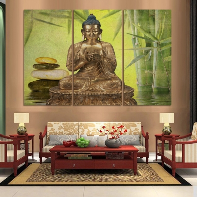 luxry 3 panel abstract printed gold buddha &bamboo painting canvas wall art home decor buda cuadros picture for living room unfr