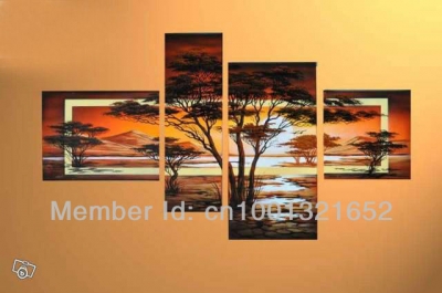 whole hand-painted hi-q modern home decorative landscape trees oil painting on canvas forest in the sun 4pcs/set framed