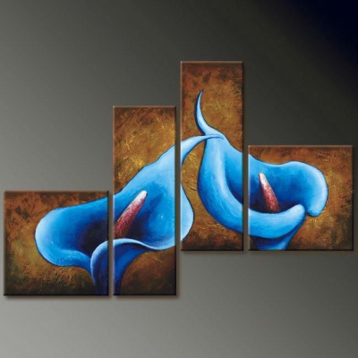 hand-painted hi-q abstract modern home decorative flower oil-paintings on canvas--blue lily 4pcs/set framed