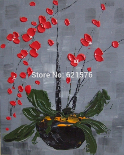 hand painted modern red flower plants on grey wall art picture home decor abstract thick palette knife oil painting on canvas