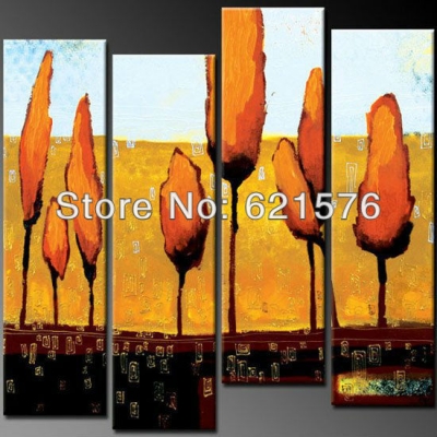 hand-painted modern wall art picture yellow home decor abstract landscape desert tree oil paintings on canvas 4pcs/set framed