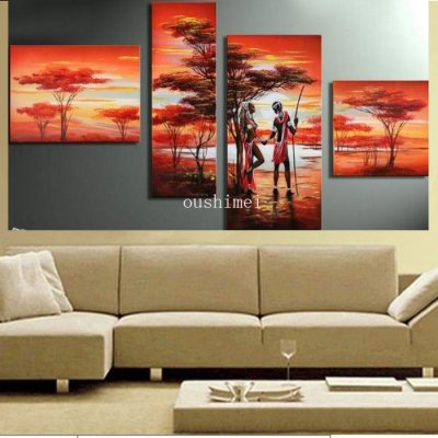 handmade promotion art african tree lover noon pictures abstract landscape wall decor oil painting on canvas 4pcs/set no framed