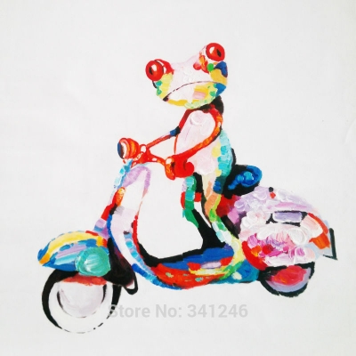 no frame hand-painted modern home decor wall art picture for living room cartoon frog ride a motorcycle oil painting on canvas