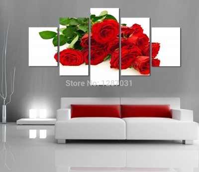 romantic red roses, 5 panels/set hd canvas print painting artwork, wall decorative painting h00239d-n