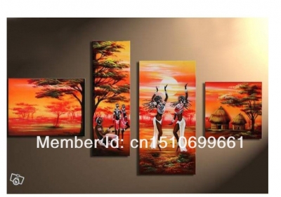 hand made promotion summer of african dance high q. abstract landscape wall art decor oil painting on canvas 4pcs/set