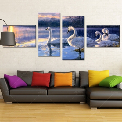 4 panel beautiful swan cygnus painting cuadros canvas art laker canvas painting wall pictures for living room no frame pr1015